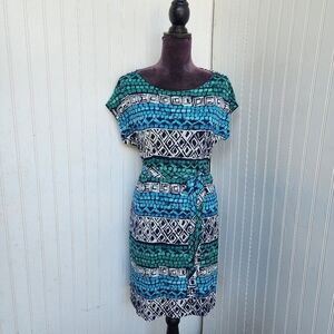 Nue Options Women's Green Blue Teibal Print Stretch Dress Short Sleeve Size PM